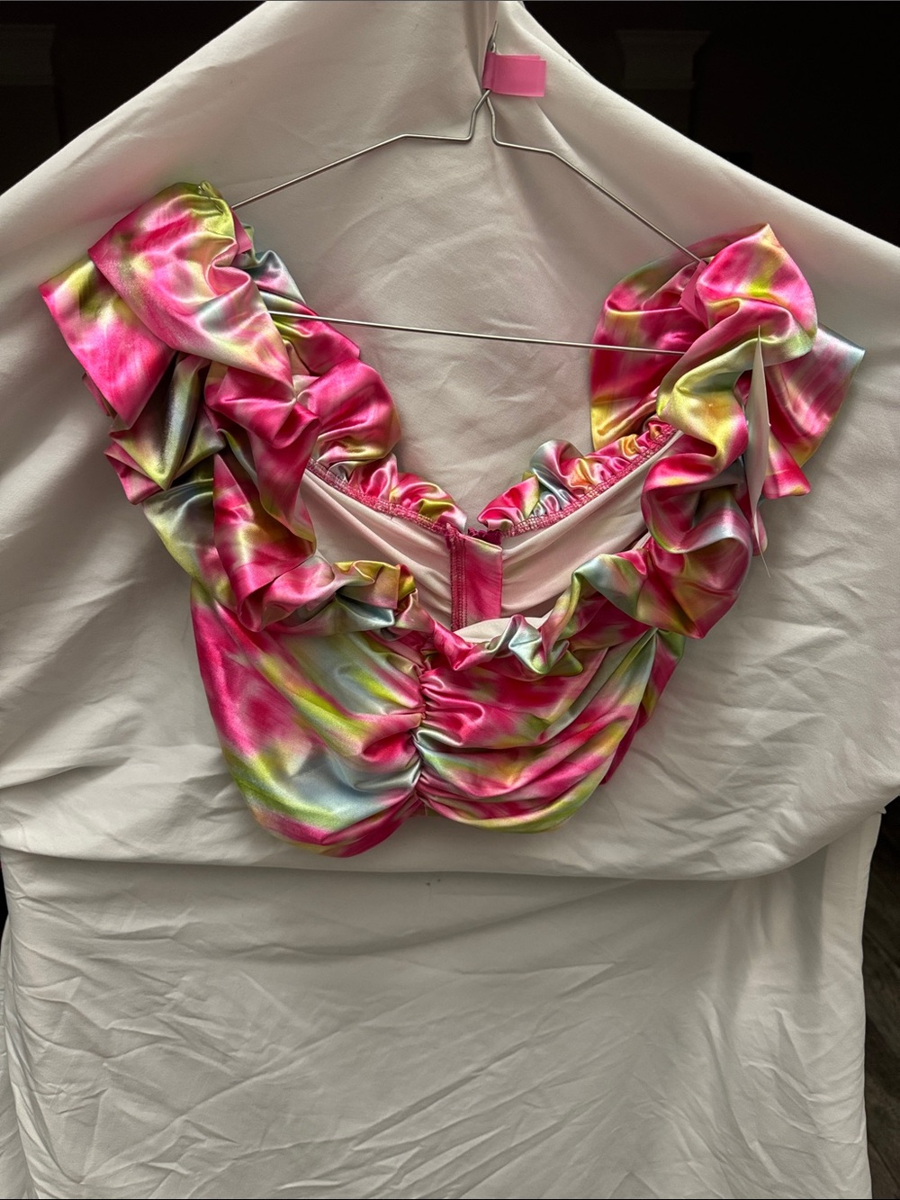 Ruffled Tie-Dye Pink Crop Top with Puff Sleeves